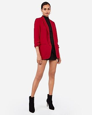 Ruched Sleeve Oversized Boyfriend Blazer Red Women's L | Express