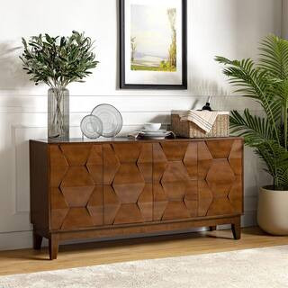 Kamis Modern Walnut 60 in. Hexagonal Embellishments Sideboard with Solid Wood Legs | The Home Depot