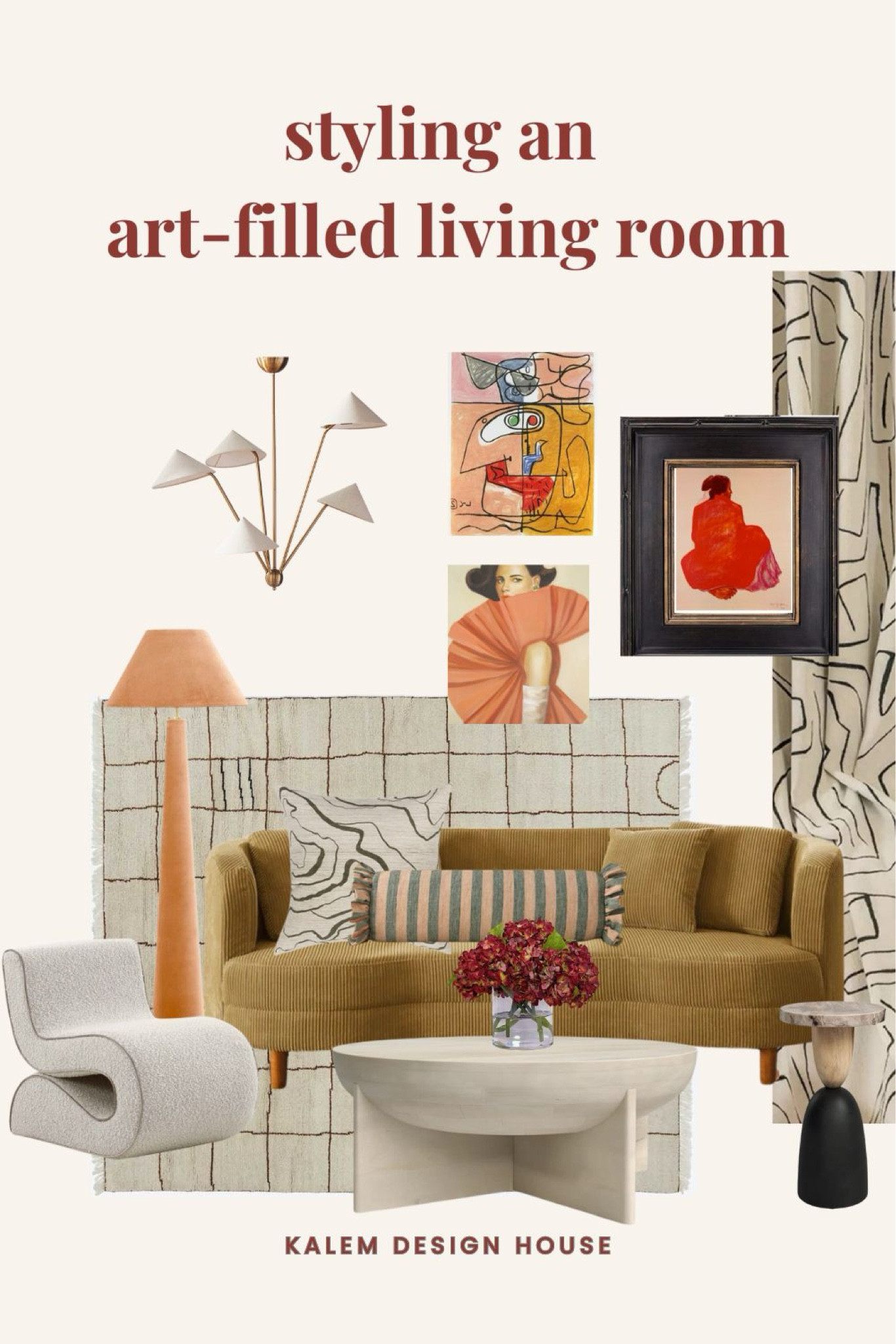 Home decor, living room decor, Kelly wearstler curtains, yellow couch, bold chic colors, peach red pink hues, feminine living room, sculptural accent chair, neutral coffee table, geometric neutral modern rug, amber interiors anthropology chandelier, bar table, red faux florals

#LTKHome
