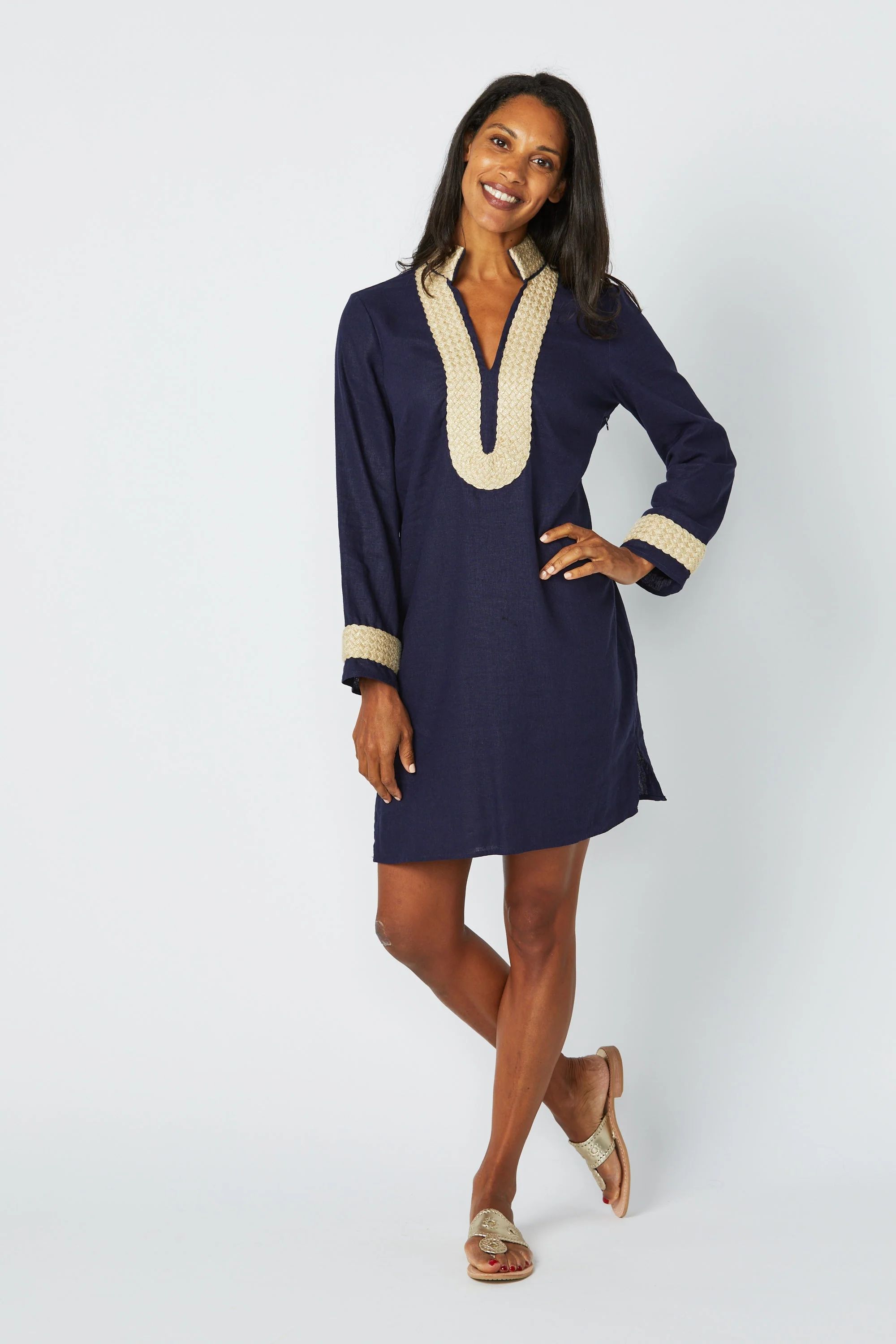 Navy Long Sleeve Classic Tunic with Metallic Rope Trim | Sail to Sable