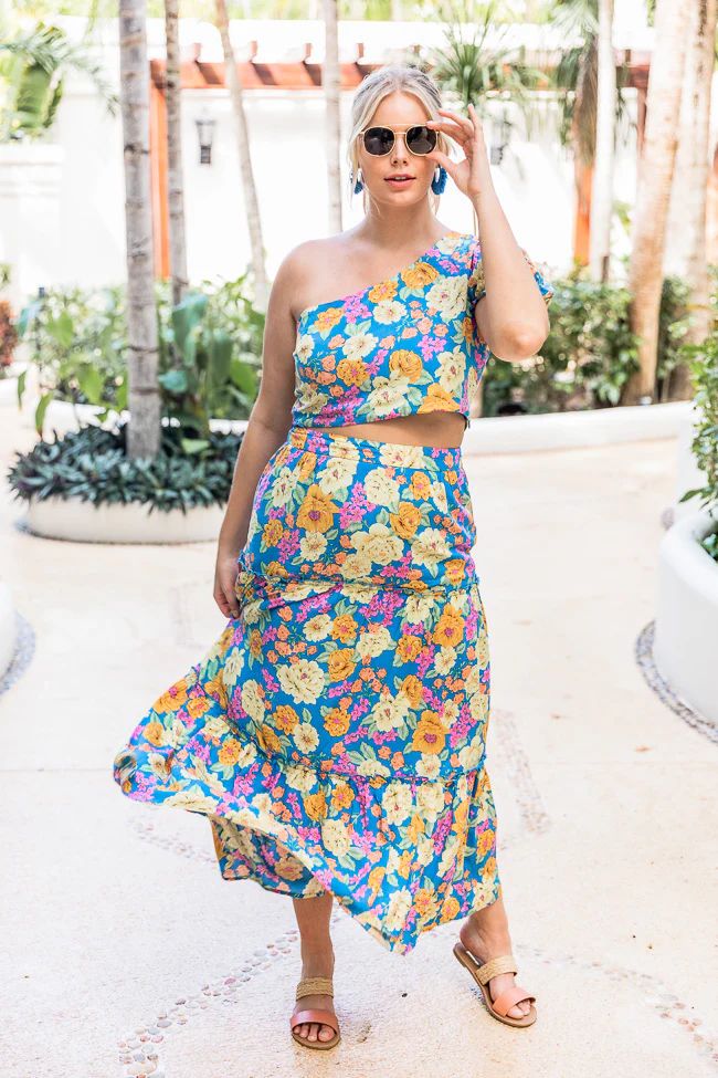 Summertime Blooms Blue Floral Maxi Skirt | Pink Lily