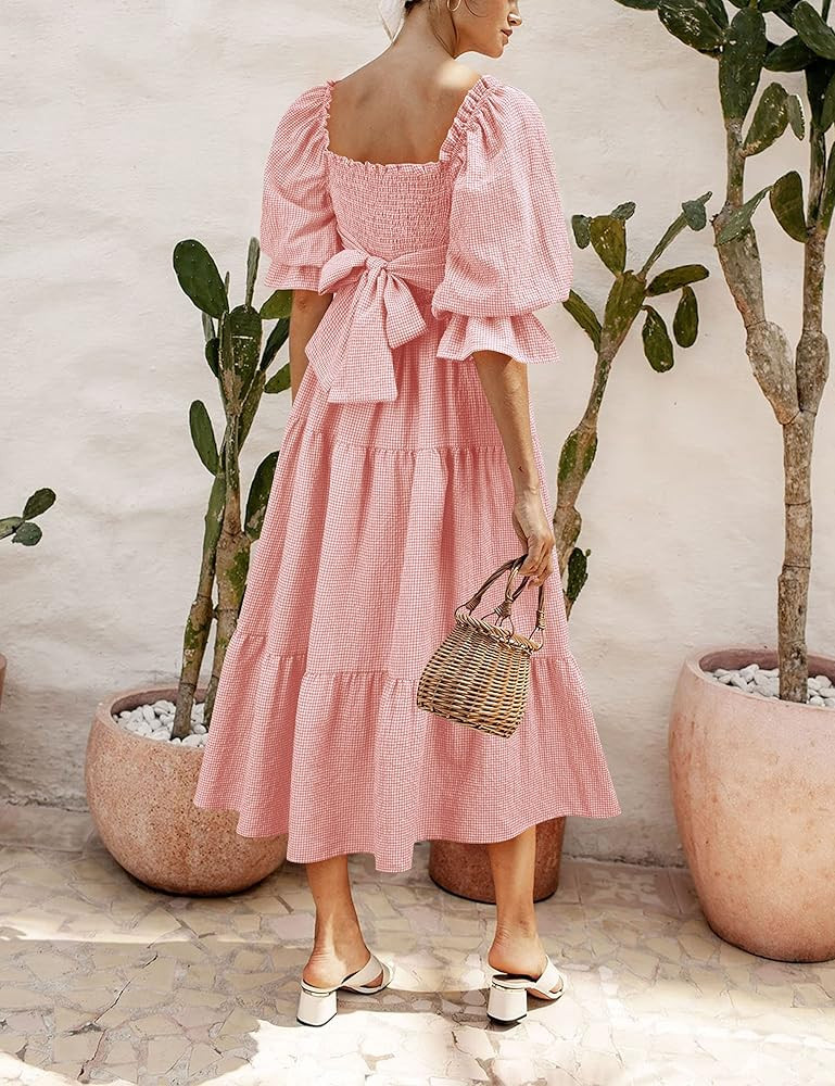 UIMLK Women's Puff Sleeve Smocked Gingham Off The Shoulder Back Bow Tie Flowy Cottagecore Bohemian R | Amazon (US)