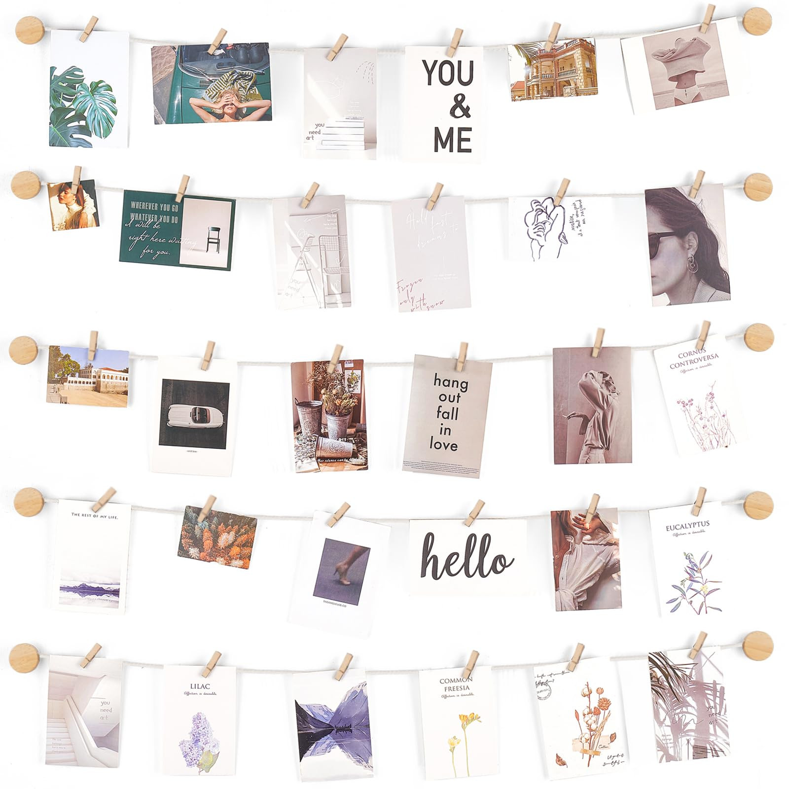 Mkono Hanging Photo Display Pictures Wall Decor 5 Rope Strings with 30 Clips Multi Pictures Cards... | Amazon (US)