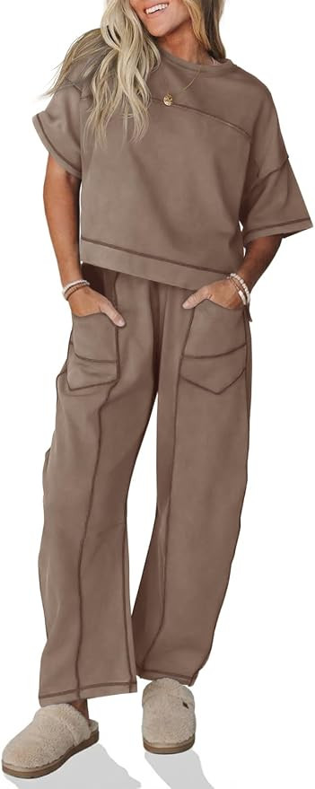 Fisoew Womens 2 Piece Outfits Lounge Sets Short Sleeve Tops and Wide Leg Pants Travel Vacation Ca... | Amazon (US)