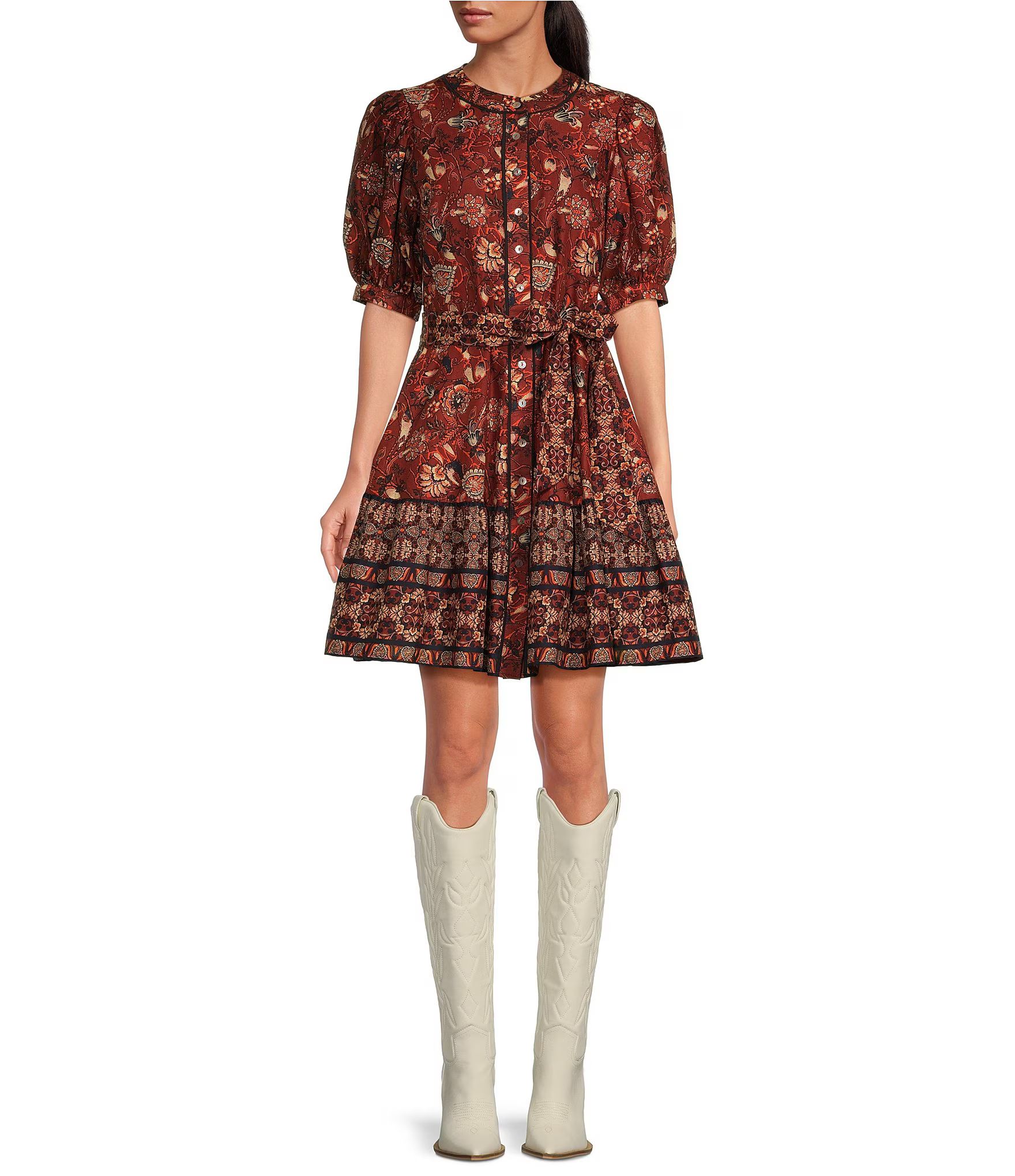 Floral Printed Bubble Sleeve Button Front Mini Dress | Dillard's