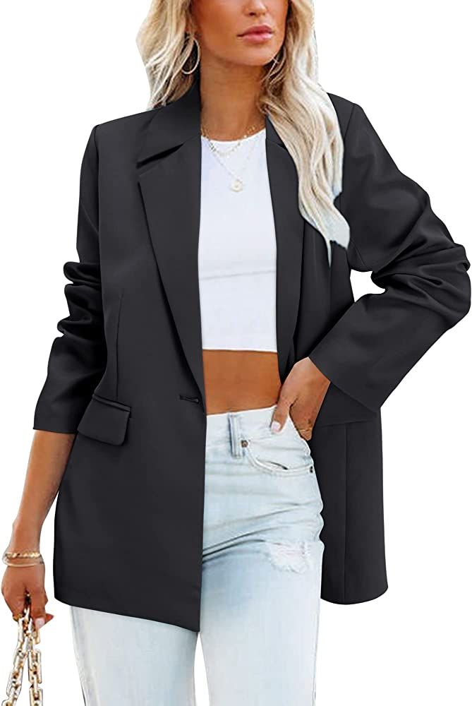 OUGES Women Casual Open Front Blazer Long Sleeve Lapel Button Work Office Oversized Blazer Jacket... | Amazon (US)