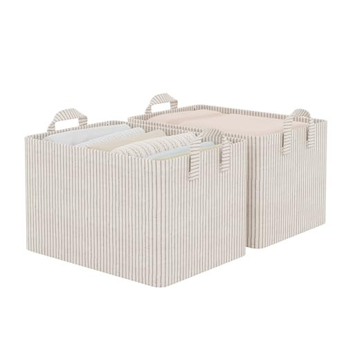StorageWorks Storage Bins, Fabric Storage Bins for Shelves, Large Storage Baskets with Metal Frame, Closet Baskets and Bins with Handles, Khaki and Beige Stripes, 2-Pack | Amazon (US)