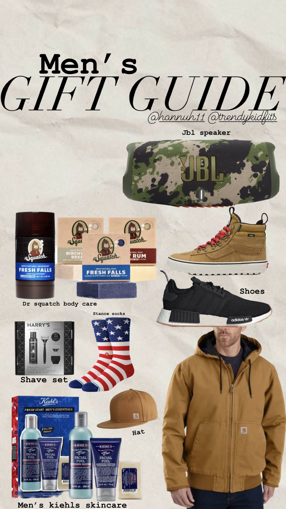 Men’s gift guide. Stance socks, dr squatch soap deodorant shampoo, carhartt jacket hat , jbl speaker , adidas , vans , shave set - all of my husbands favorites 

#LTKGiftGuide #LTKmens #LTKHoliday