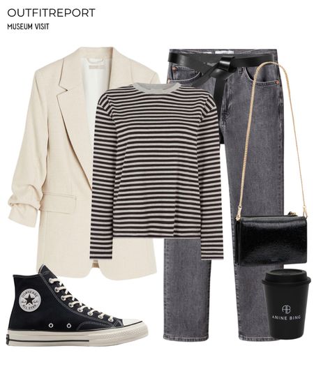 Blazer outfit in grey jeans denim striped T-shirt converse all stars black bag 

#LTKshoecrush #LTKstyletip #LTKitbag