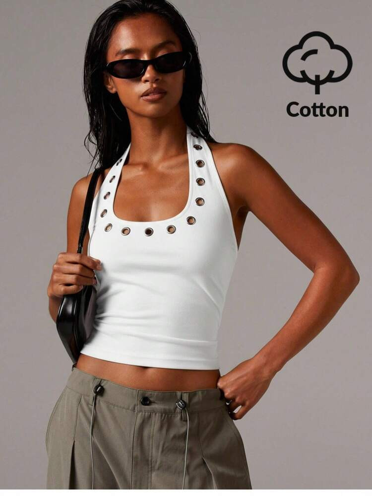 Ath\u00eeral Women's White Metal-Eyelet Halter Top,Summer Punk Night Street-Chic Slim Fit Square ... | SHEIN