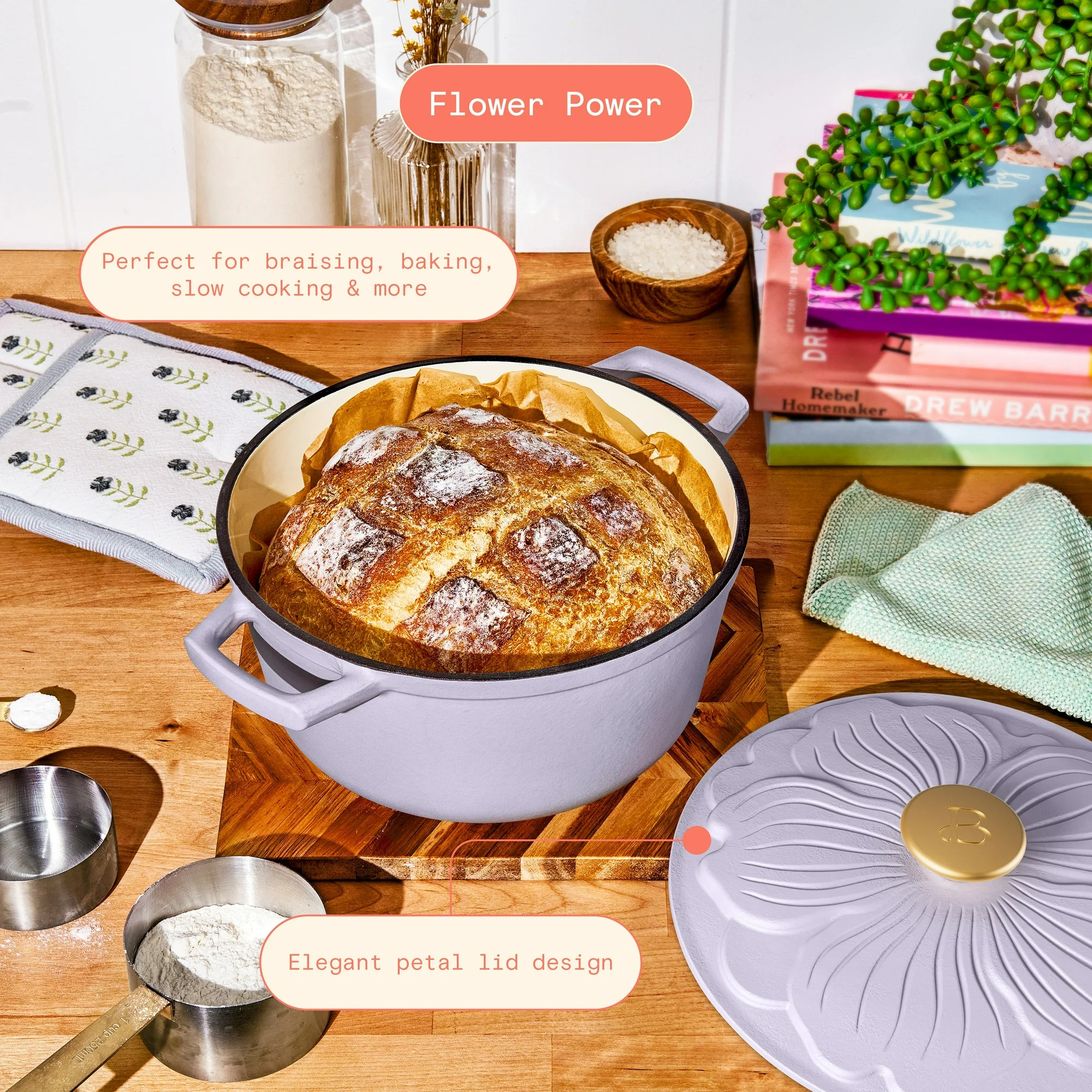 Beautiful 4 Quart Enameled Cast Iron Round Dutch Oven with Petal Design Lid, Lavender by Drew Bar... | Walmart (US)