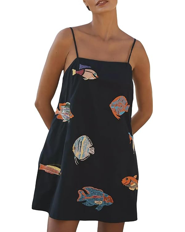 Women Boho Mini Cami Dress Graffiti Spaghetti Strap Aline Fruit Dress Cute Colofrul Short Beach S... | Amazon (US)