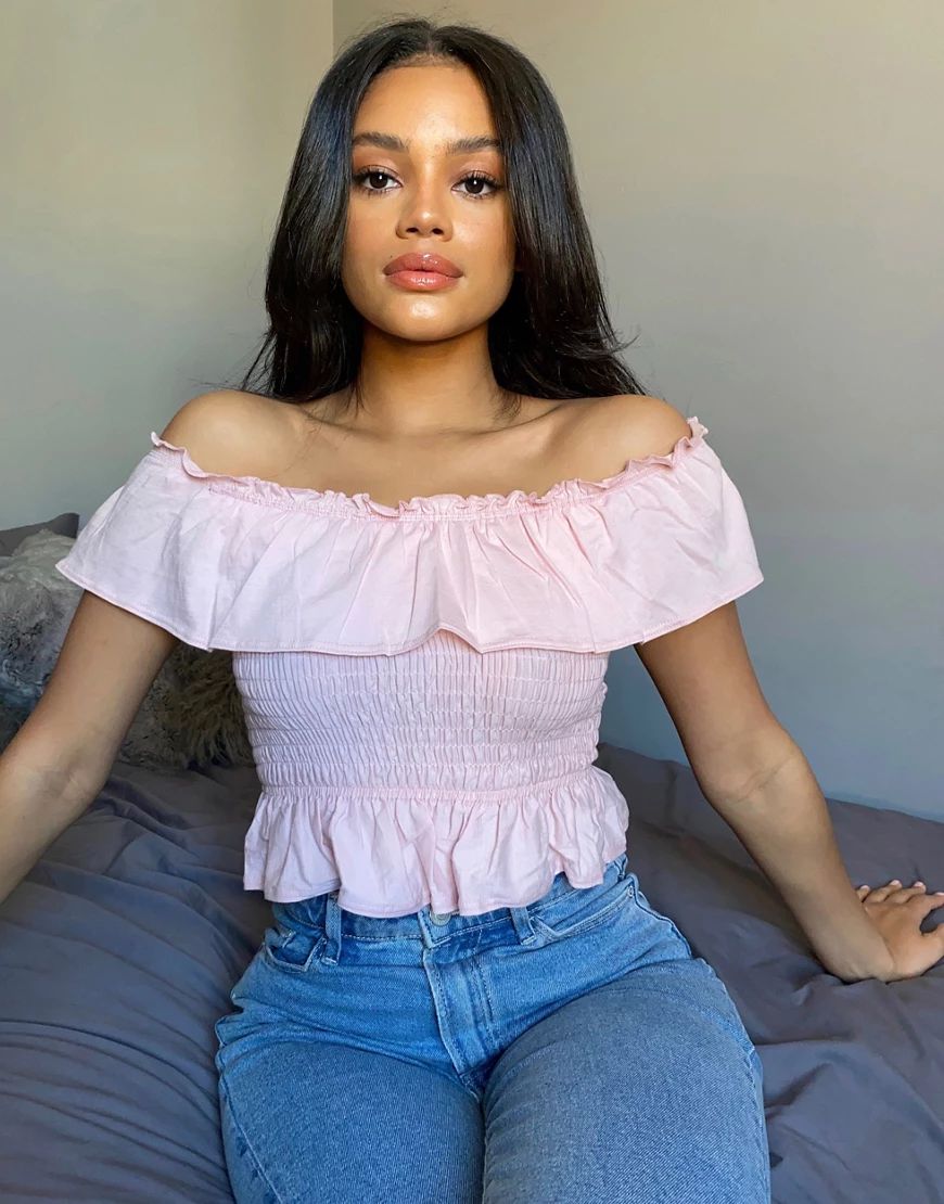 Miss Selfridge off the shoulder top with shirred detail in pink-Multi | ASOS (Global)