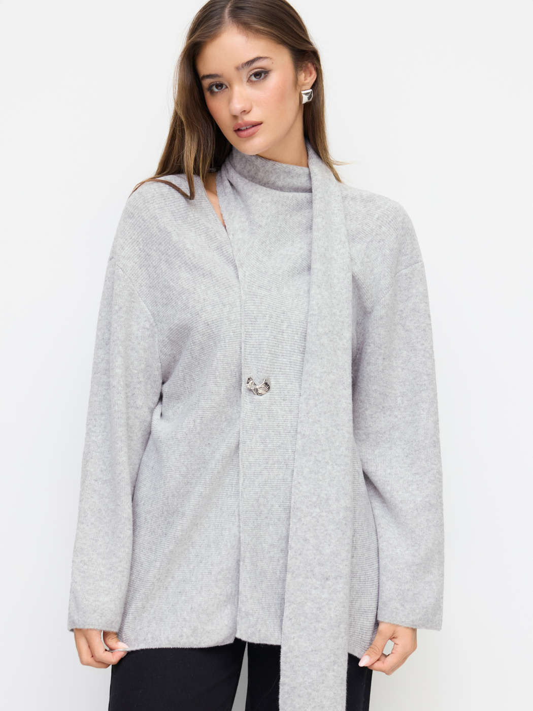 Knit Fabric Knit Wool-blend Long Sleeve Metal Button Oversized Cardigan With Scarf For Work | Cider