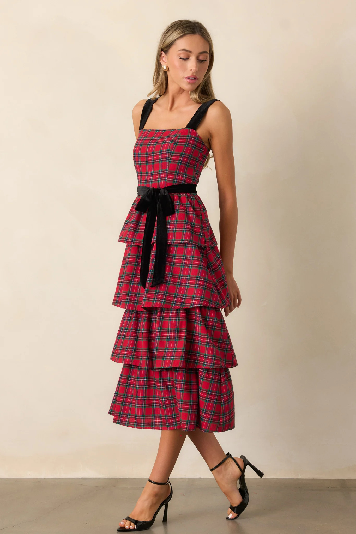 Elegance Defined 100% Cotton Red Plaid Tiered Midi Dress | Red Dress