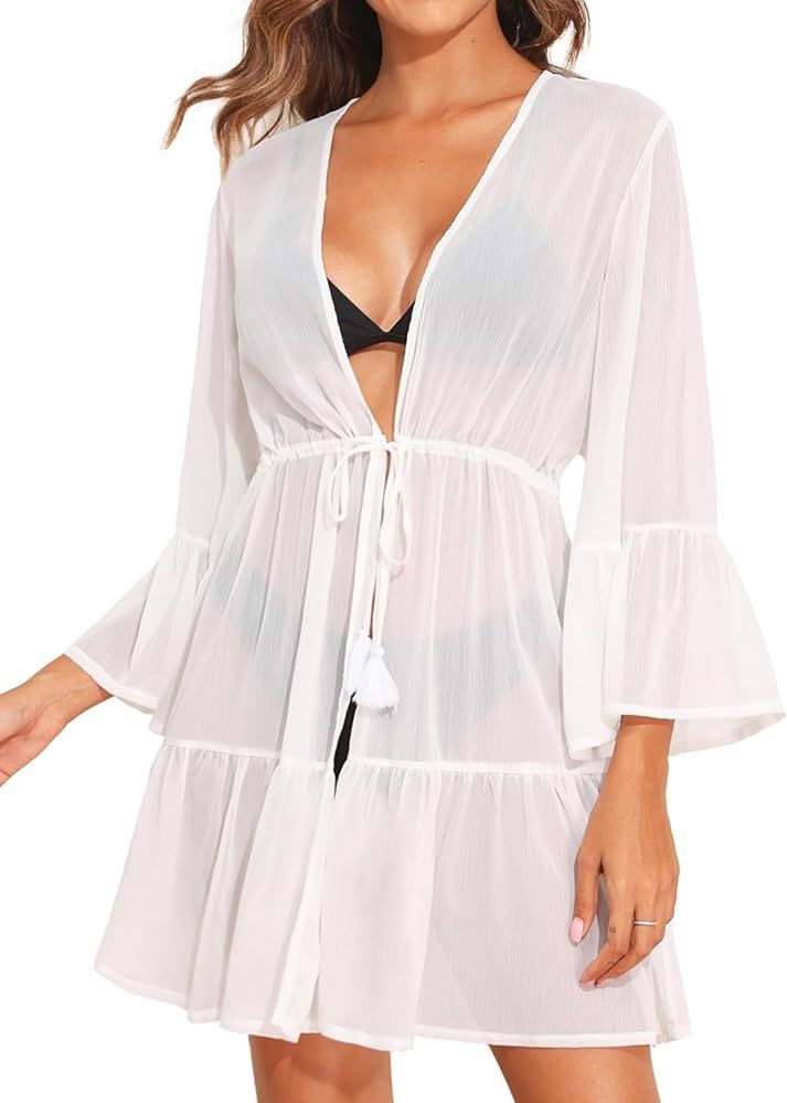 Yonique Kimono Swimsuit Cover Ups for Women Ruffles Beach Cover Long Sleeve Coverups | Amazon (US)