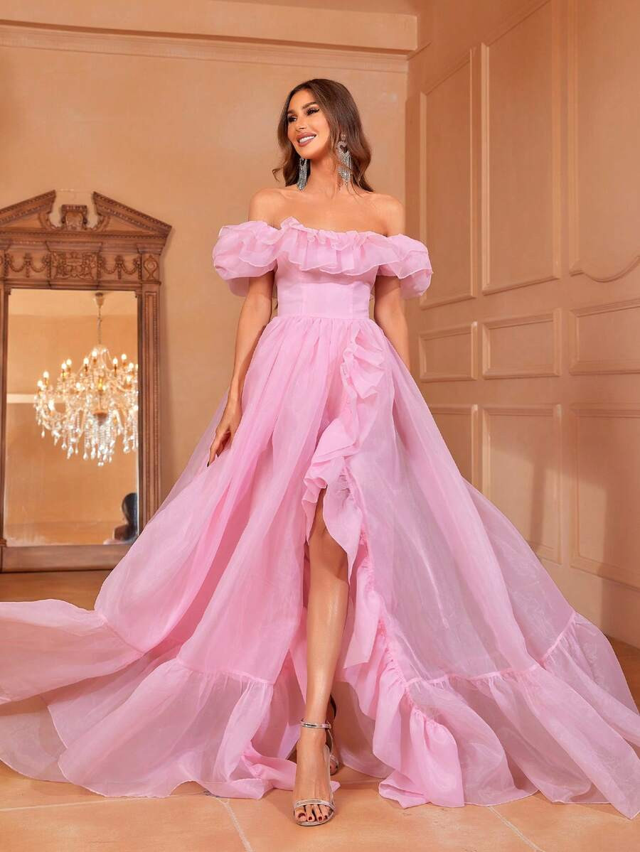 Faeriesty Gorgeous Elegant Square Collar Off Shoulder Ruffle Trim Organza Formal Party Dress Even... | SHEIN