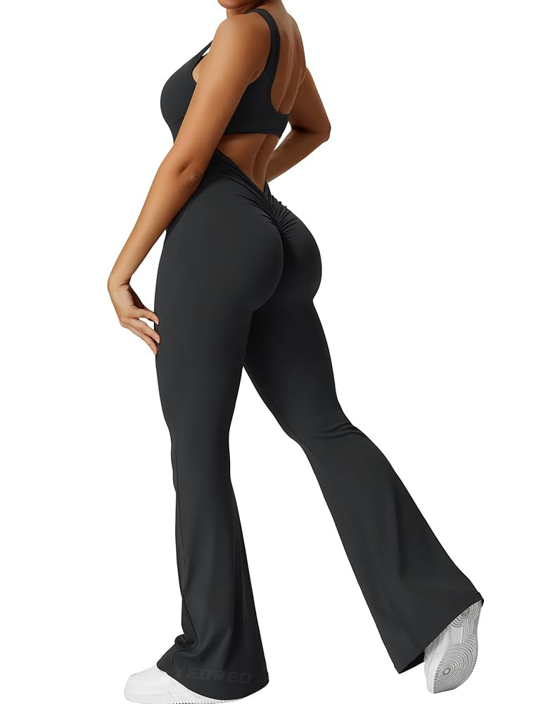 YEOREO Women Workout Scrunch Flare Jumpsuits Sexy Backless Butt Lift Gym Yoga Jumpsuits | Amazon (US)
