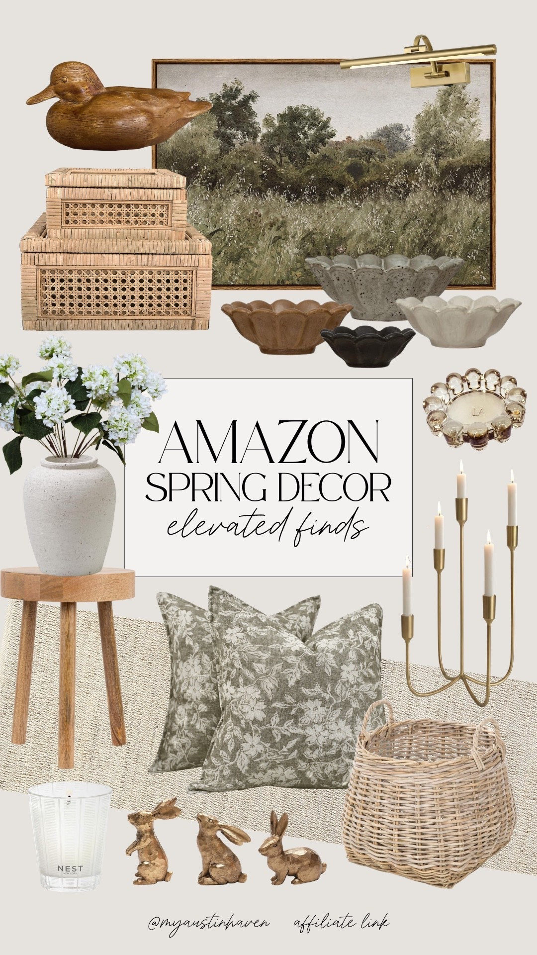Amazon spring decor. 🌿 Woven textures, floral accents, vintage brass  and timeless pieces to refresh your space.

Amazon home decor finds, woven storage baskets, rattan boxes, landscape wall art, brass picture light, ceramic scallop bowls, floral throw pillows, neutral area rug, stone vase greenery, taper candle holders gold, glass tray vanity, animal figurines, cozy cottage style, organic modern accents, spring home refresh. 

 

#LTKHome #LTKSaleAlert