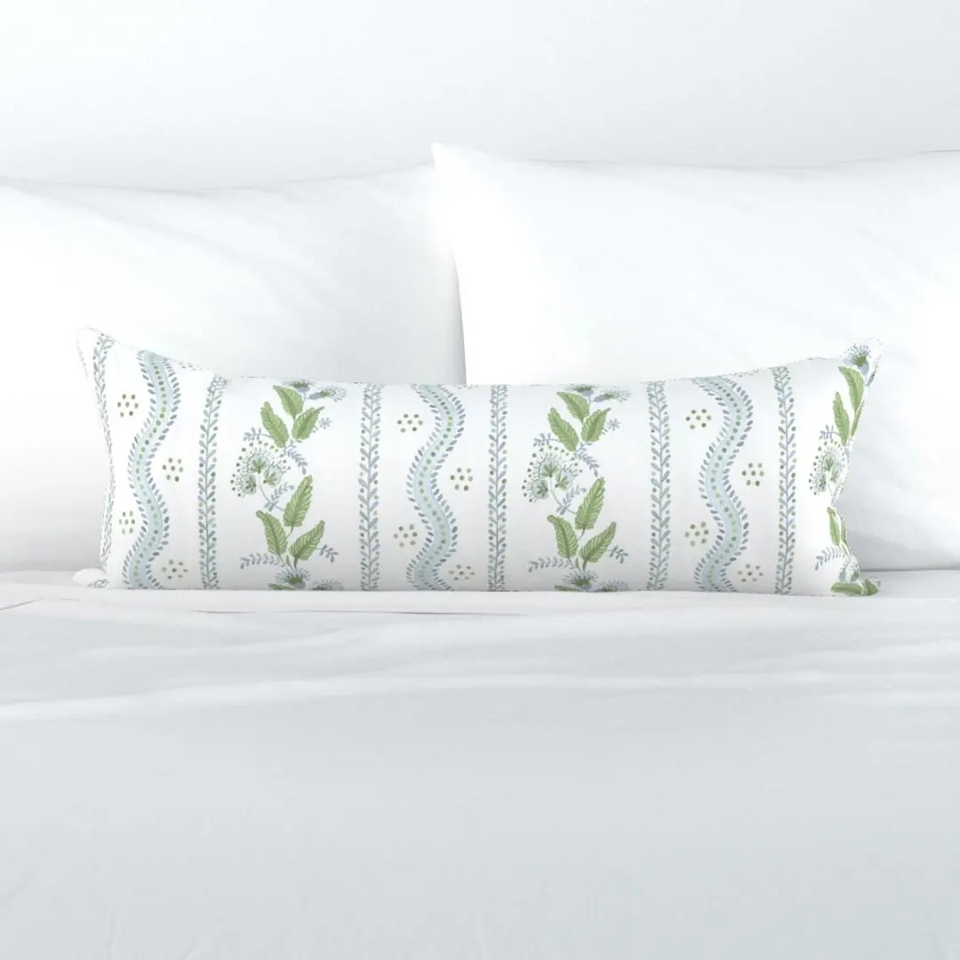 Regency Floral XL Lumbar Pillow - Soft Blue and Greens by Danika_herrick - Folk Art Light Blue Le... | Etsy (US)