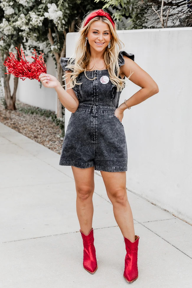 New Inspiration Black Denim Ruffle Sleeve Romper | Pink Lily