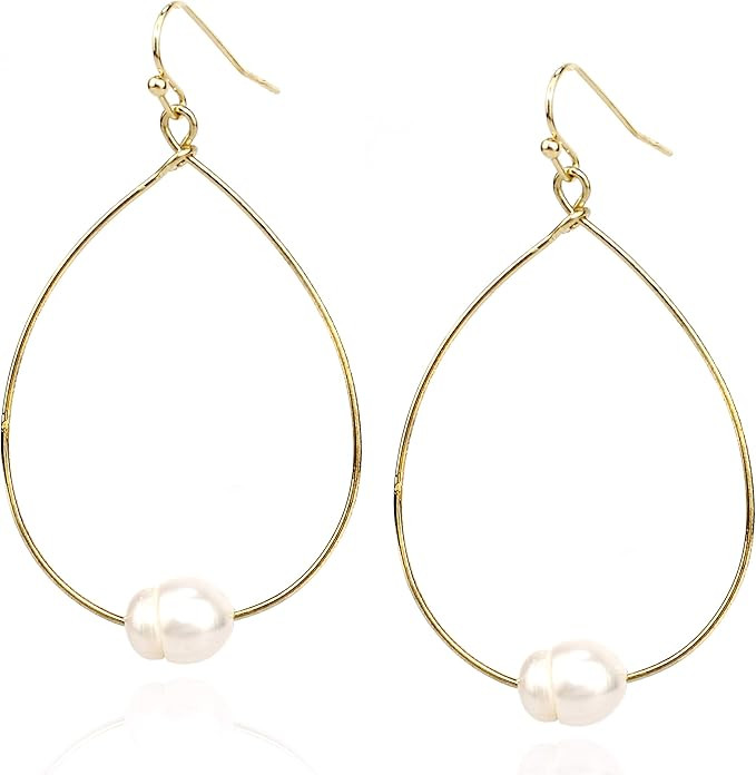 Pomina Lightweight Pearl Hoop Earrings, Gold Teardrop Pearl Dangle Drop Earrings for Women (Gold) | Amazon (US)