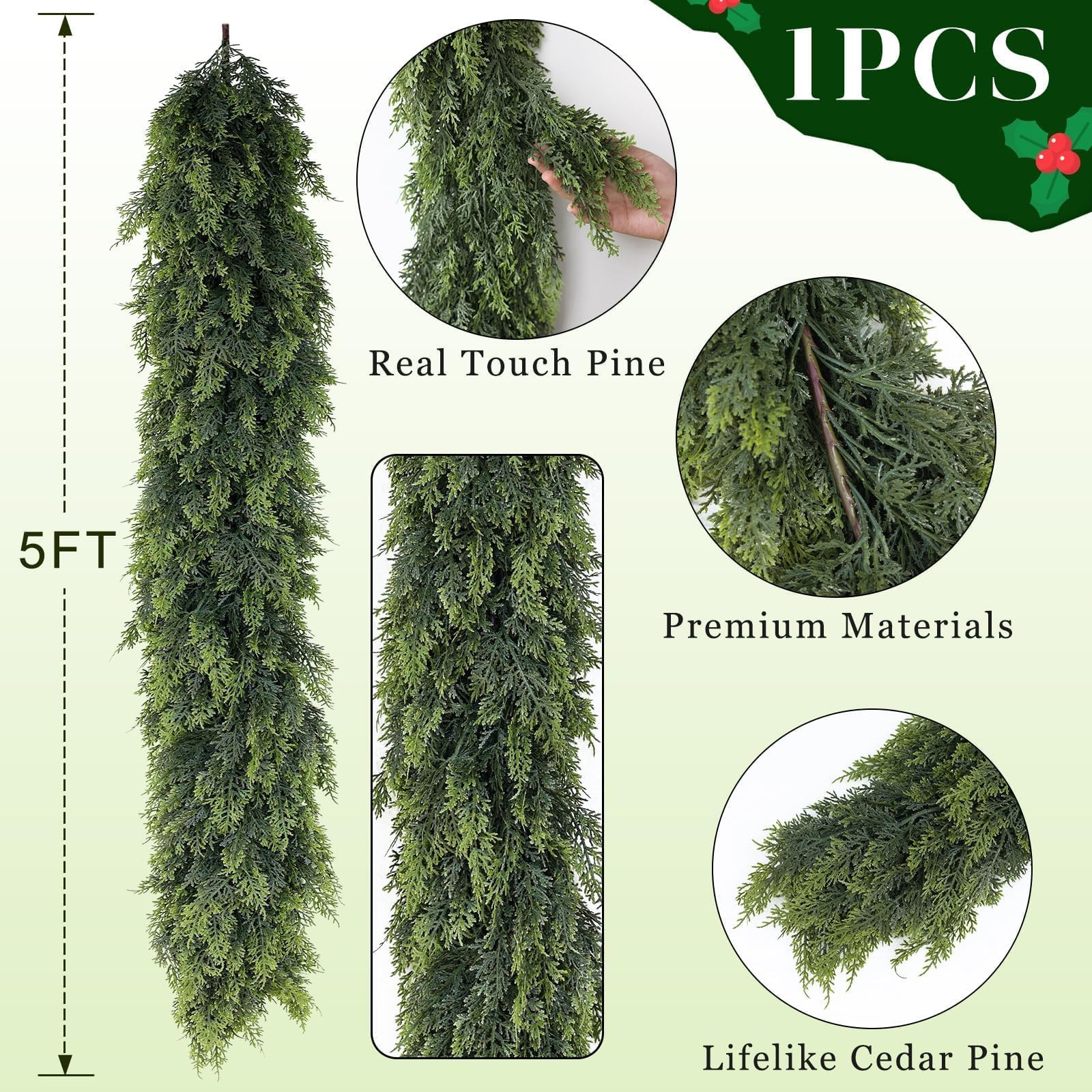 Christmas Cedar Garland - 5ft Artificial Cedar Garland Faux Lush Green Fake Pine Needles for Fire... | Amazon (US)