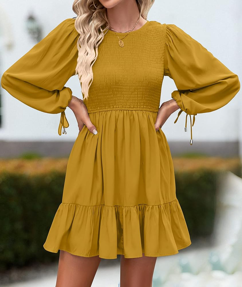 Women's 2023 Fall Dress Long Sleeve Smocked Casual Crew Neck Tiered Flowy Wedding Party Mini Dresses | Amazon (US)