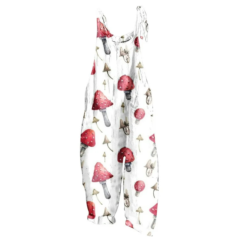 JWZUY Womens Hawaiian Mushroom Print Wide Leg Romper Cotton Linen Bib Overalls Casual Sleeve Spag... | Walmart (US)