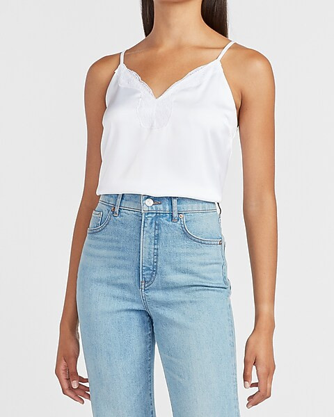 Satin Lace Trim V-Neck Cami | Express