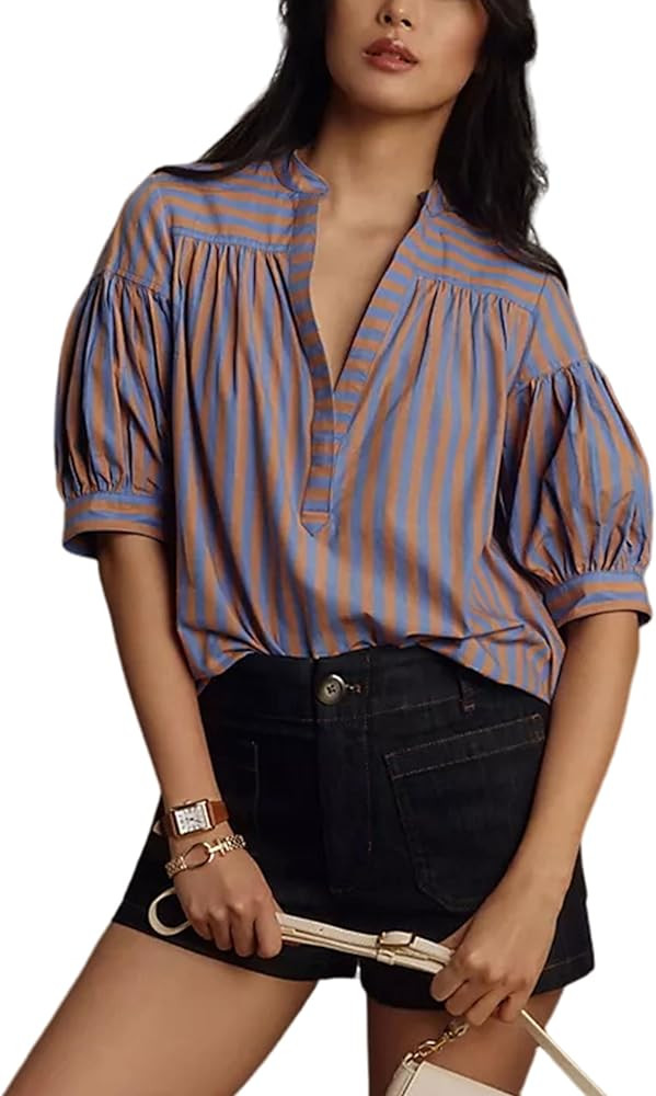 Womens Summer Pleated V Neck T Shirts Short Sleeve Casual Loose Blouses Striped Tunics Swing Top | Amazon (US)