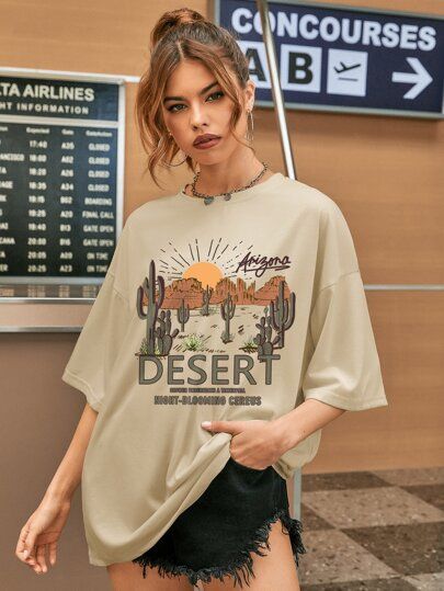 Slogan And Plant Print Oversized Tee
   SKU: sw2202239554437672      
          (330 Reviews)
   ... | SHEIN