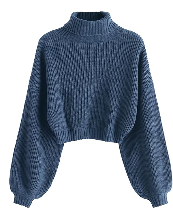 ZAFUL Women's Crew Neck Long Sleeve Pullover Crop Sweater Mock Neck Lantern Sleeve Ribbed Knit Cr... | Amazon (US)