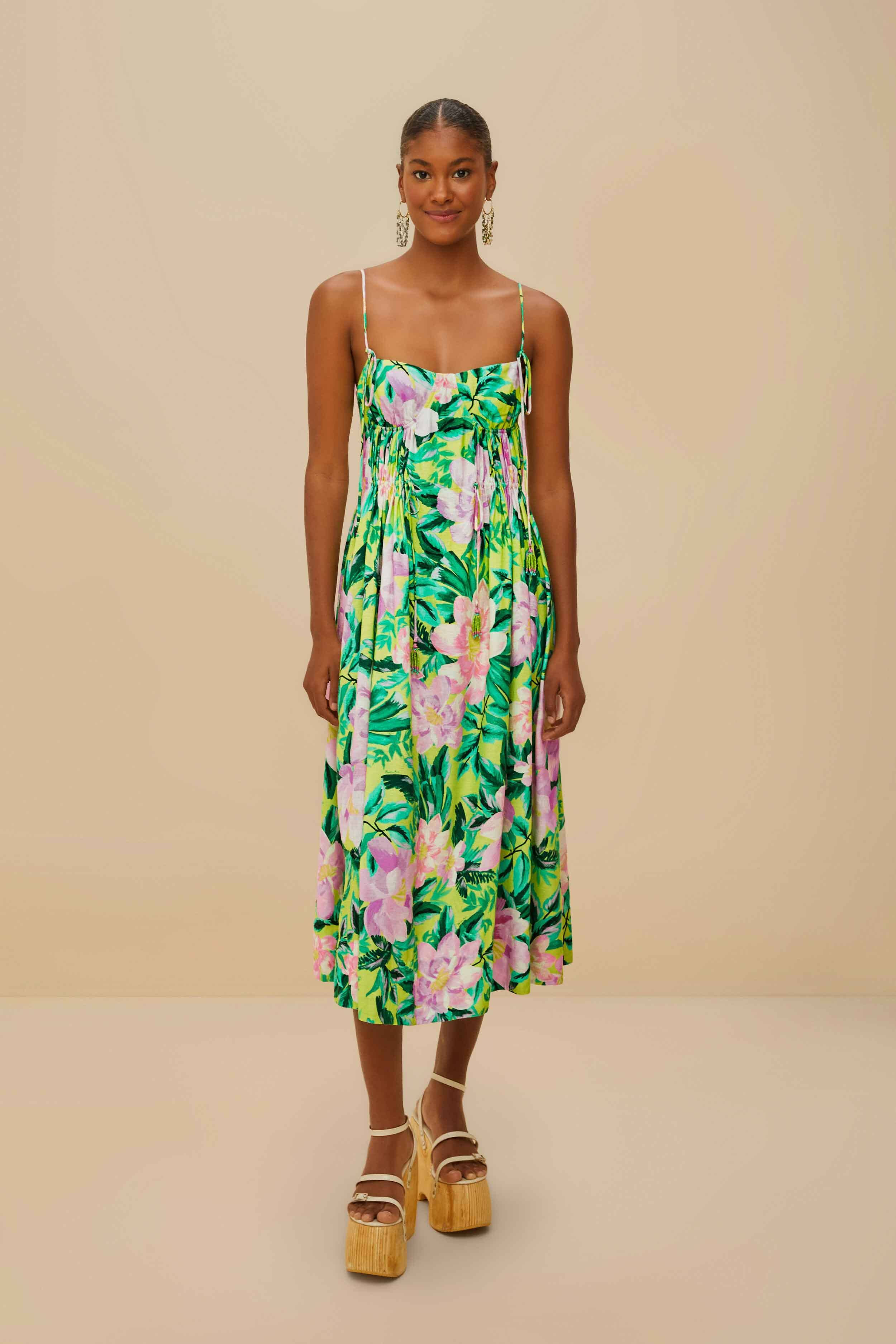 Green Painted Flowers LENZING™ ECOVERO™ Euroflax™ Midi Dress | FarmRio (US)