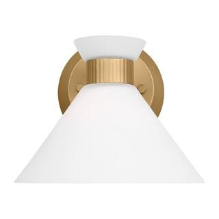 SCOTT LIVING Belcarra 7.5 in. W x 6.625 in. H 1-Light Satin Brass Bathroom Wall Sconce with Etche... | The Home Depot