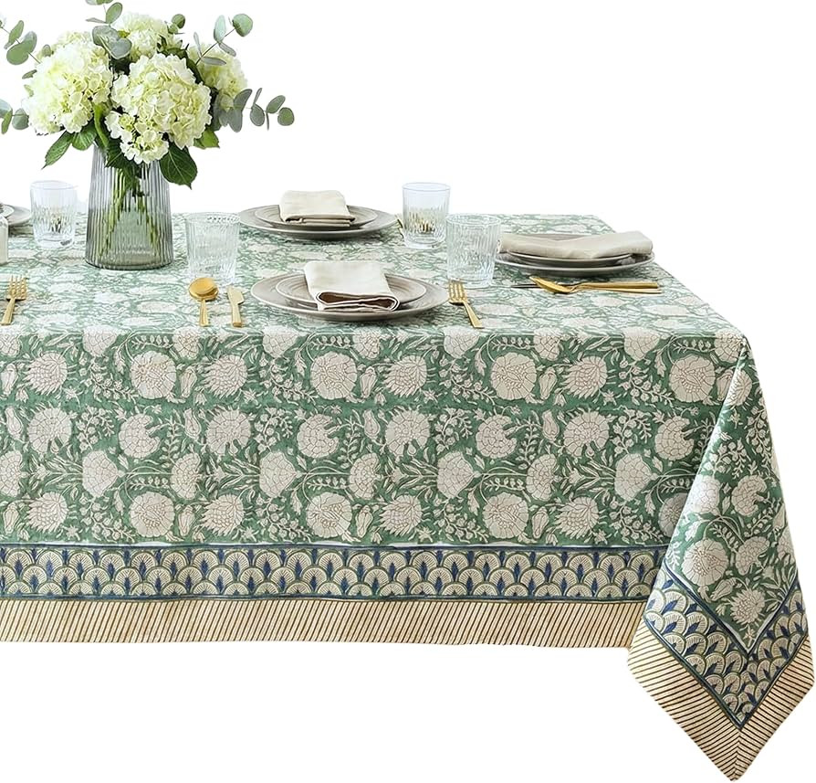 ATOSII Jade 100% Cotton Rectangle Summer Tablecloth, Block Print Floral Table Cloth Linen for Din... | Amazon (US)