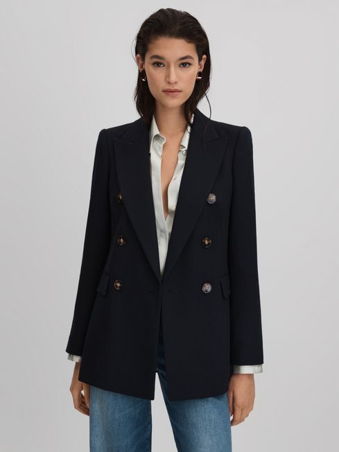 Reiss Navy Lana Tailored Textured Wool Blend Double Breasted Blazer | Reiss US