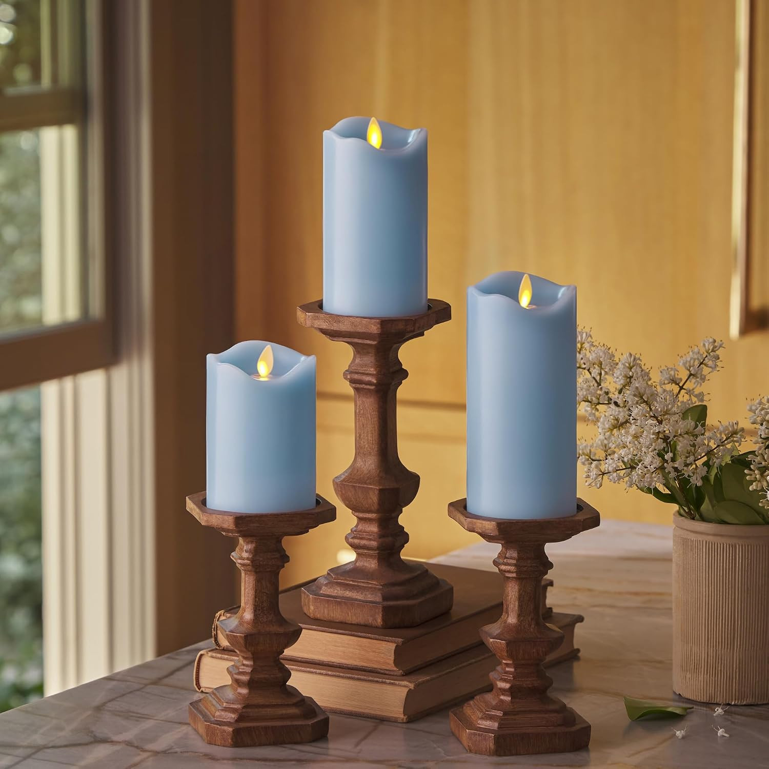 Co. Set of 3 (3" x 4.5",5.5",6.5") Flameless LED Flickering Battery Candle Moving Flame Pillar, Melted Edge, Real Wax Smooth Finish (Pastel Blue) | Amazon (US)