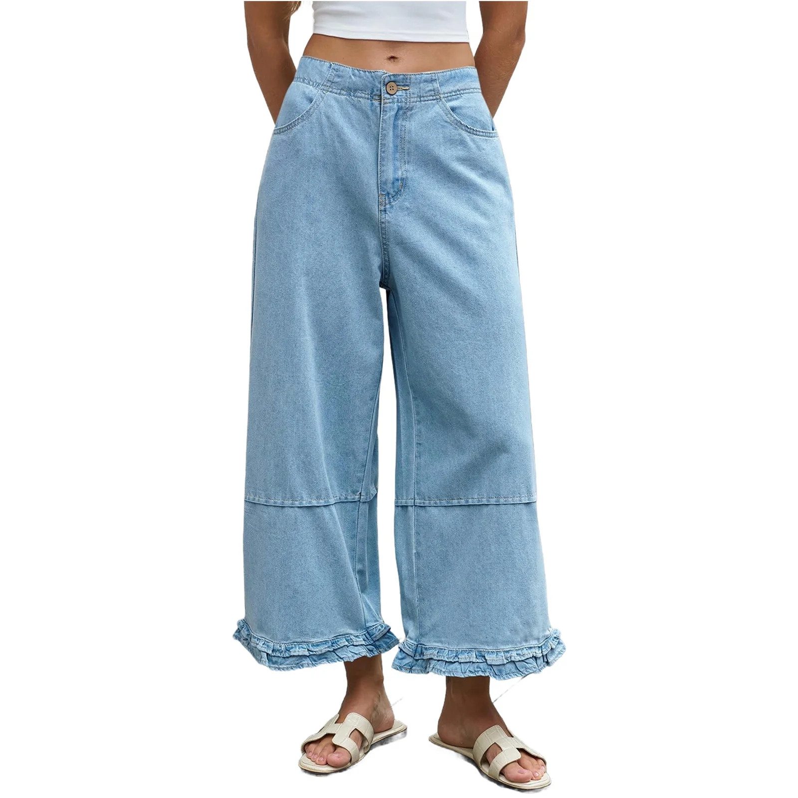 Women Ruffle Patchwork Wide Leg Casual Denim Pants Ankle Jeans | Walmart (US)