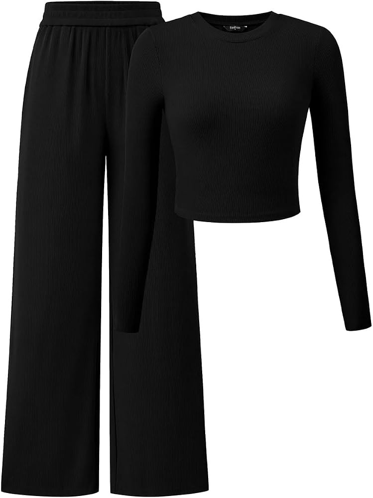 PRETTYGARDEN Women's 2 Piece Outfits Long Sleeve Bodycon Knit Crop Tops Wide Leg Pants Casual Tra... | Amazon (US)
