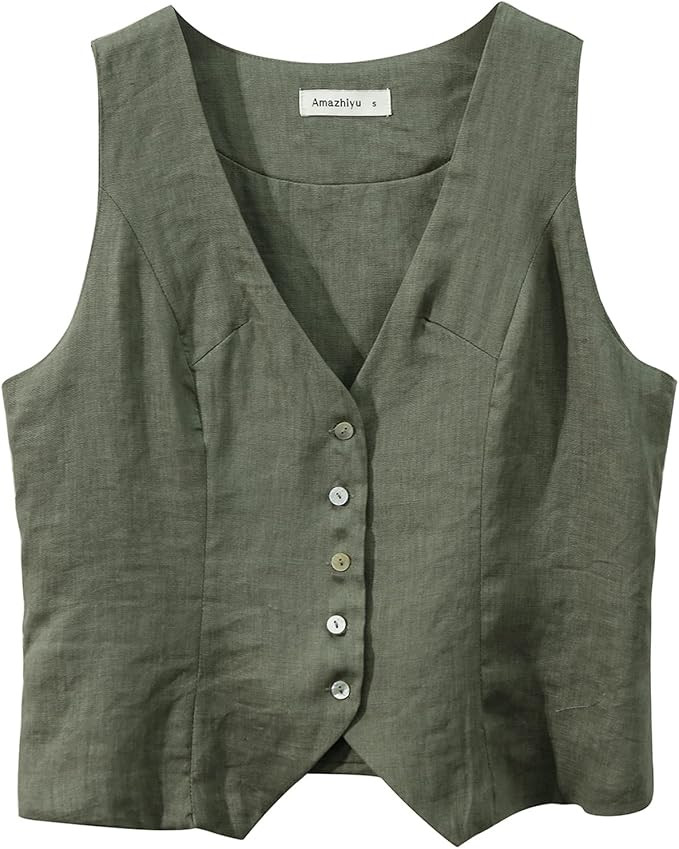 Amazhiyu Womens Pure Linen Sleeveless Button Down V Neck Crop Top Summer Vest Waistcoat | Amazon (US)