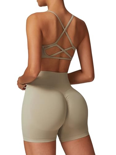 ABOCIW Workout Sets for Women Seamless High Waist Scrunch Butt Lifting Gym Impact Shorts Scoop Neck Strappy Sports Bra 2 Piece Yoga Outfits Tan Small | Amazon (US)