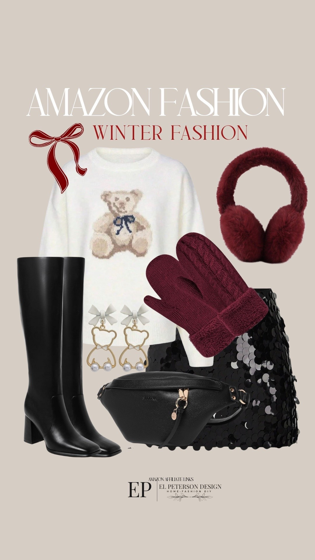 Amazon Fashion 
Sweater
Mitts
Earmuffs
Skirt 
Purse
Knee boots
Earrings 

#LTKFindsUnder100 #LTKFindsUnder50