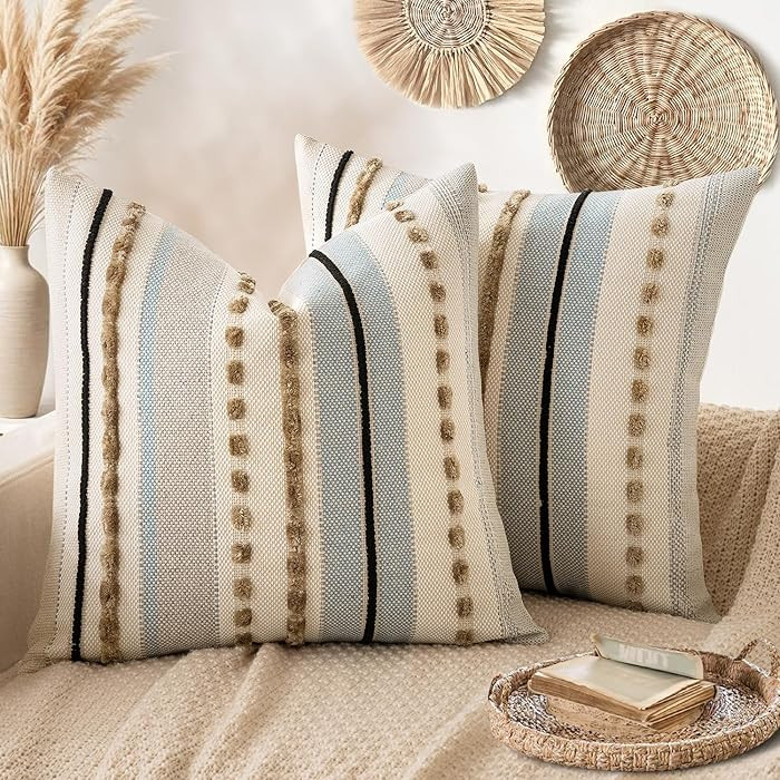 ANRODUO Pack of 2 Boho Decorative Throw Pillow Covers 18x18 Farmhouse Cushion Case Striped Chenil... | Amazon (US)