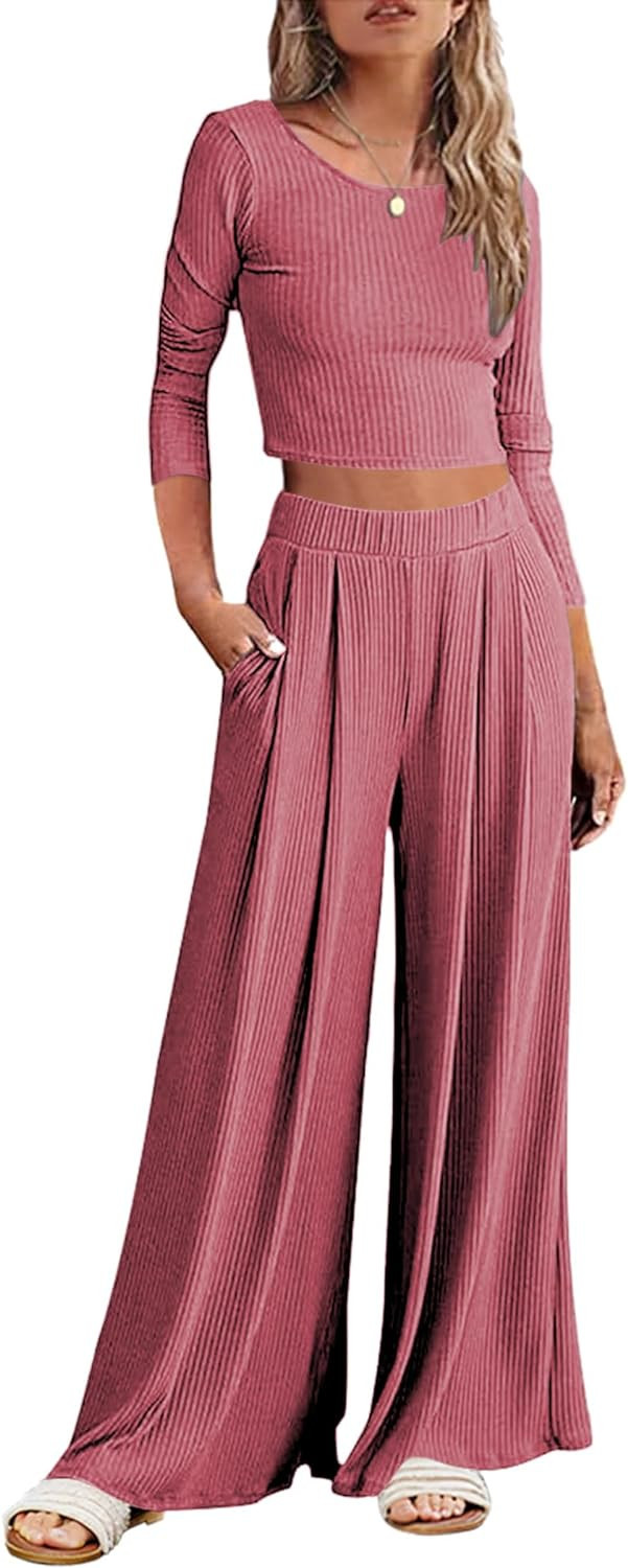 Ekouaer Women's 2 Piece Lounge Sets Ribbed Knit Crop Top Wide Leg Pants with Pockets S-XXL | Amazon (US)