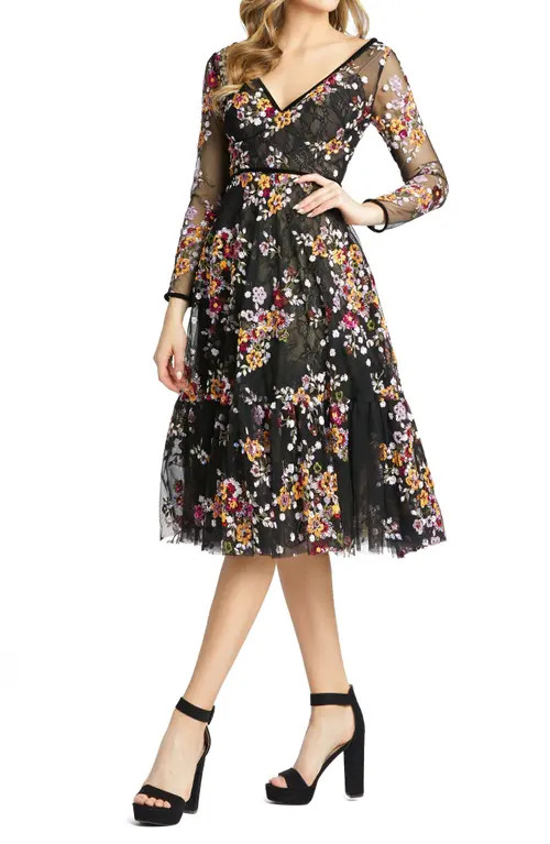 Mac Duggal Floral Lace & Sequin Long Sleeve Tulle Dress in Black Multi at Nordstrom, Size 10 | Nordstrom