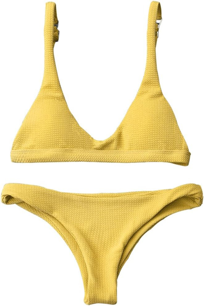 ZAFUL Women Padded Scoop Neck 2 Pieces Push Up Swimsuit Revealing Thong Bikinis V Bottom Style Br... | Amazon (US)