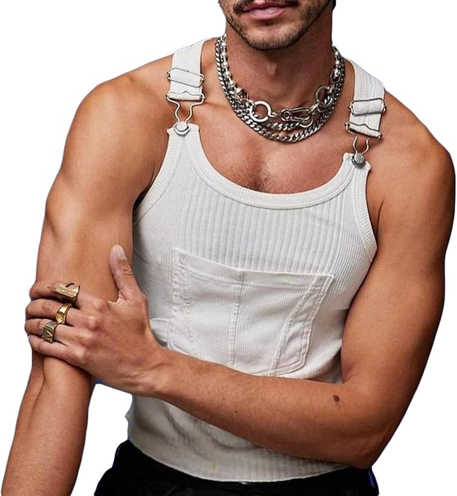 Mens Sexy Crop Top Tanks Sleeveless Kniited T-Shirt Suspender Vest with Rolled Hems Skinny Unders... | Amazon (US)