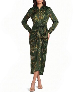 Adriana Printed Satin Collared Long Sleeve Tie Waist Dress | Dillard's