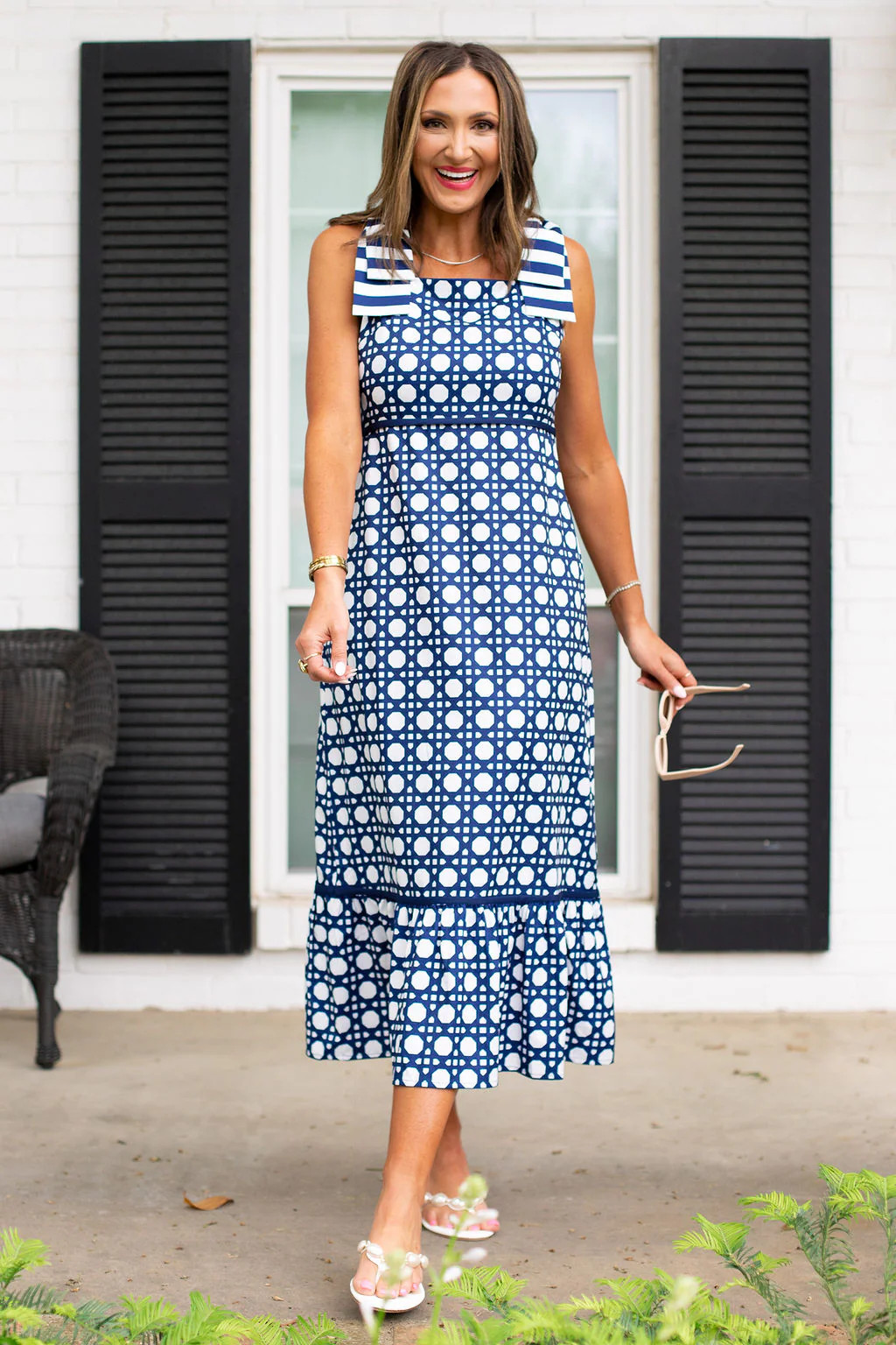 SSYS Kenna Bow Shoulder Strap Ruffle Bottom Maxi Dress in Navy Cane | SSYS